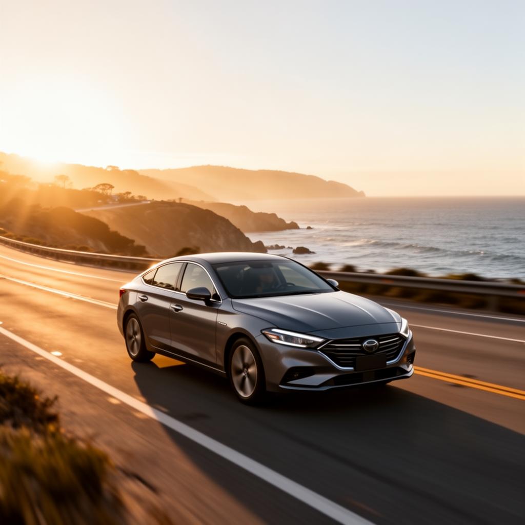 Modern car on an open scenic highway